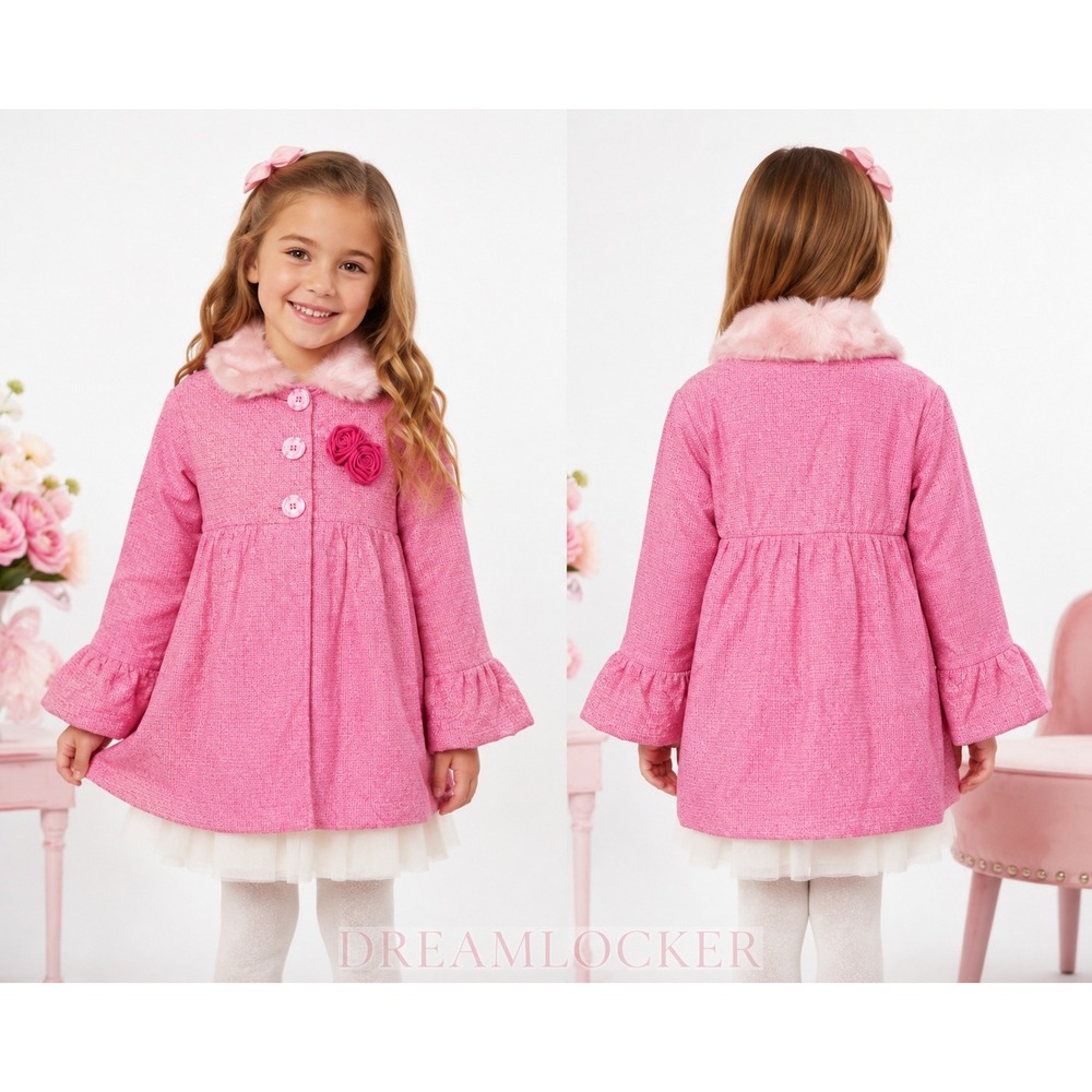 Penelope Mack Pink Faux Fur Coat Jacket Girl 6X Pink Cotton Rosette Fancy Dressy